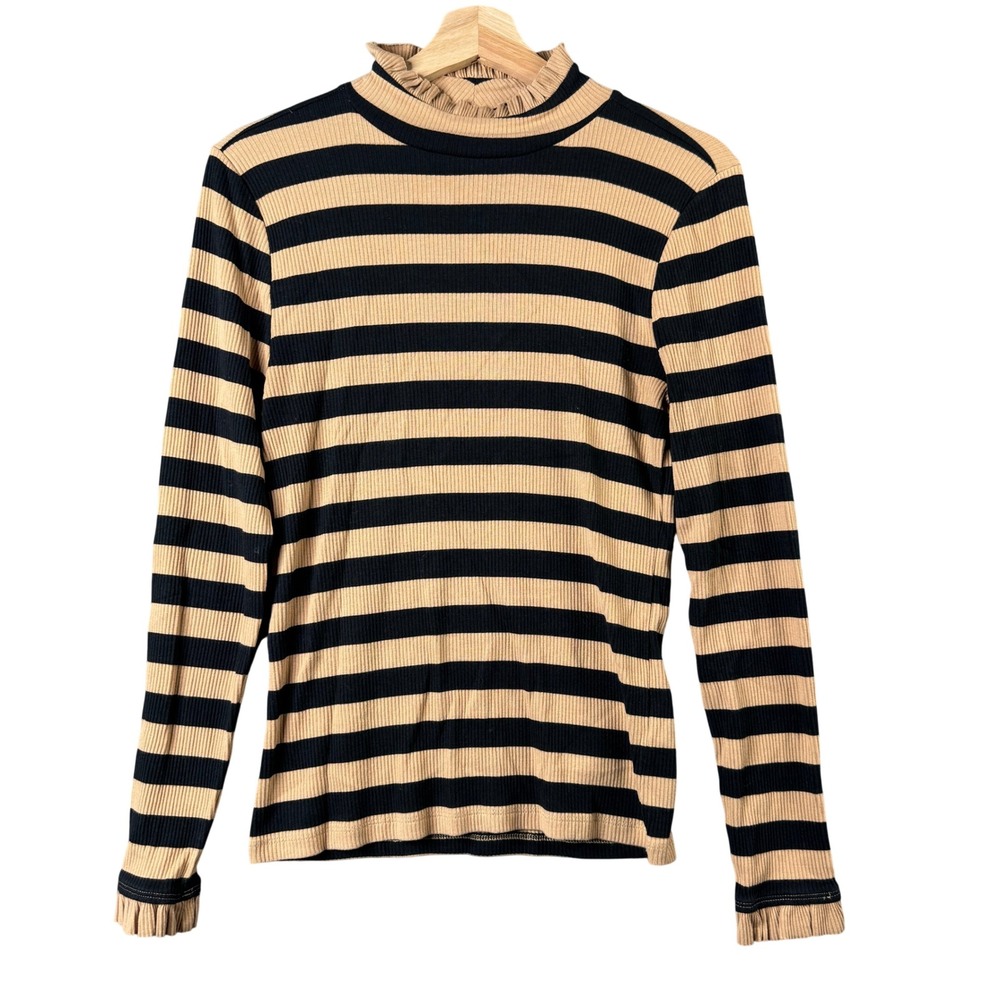 J.Crew BM728 Vintage Rib Ruffle Mockneck Striped Long Sleeve Tee Top Tan Black M